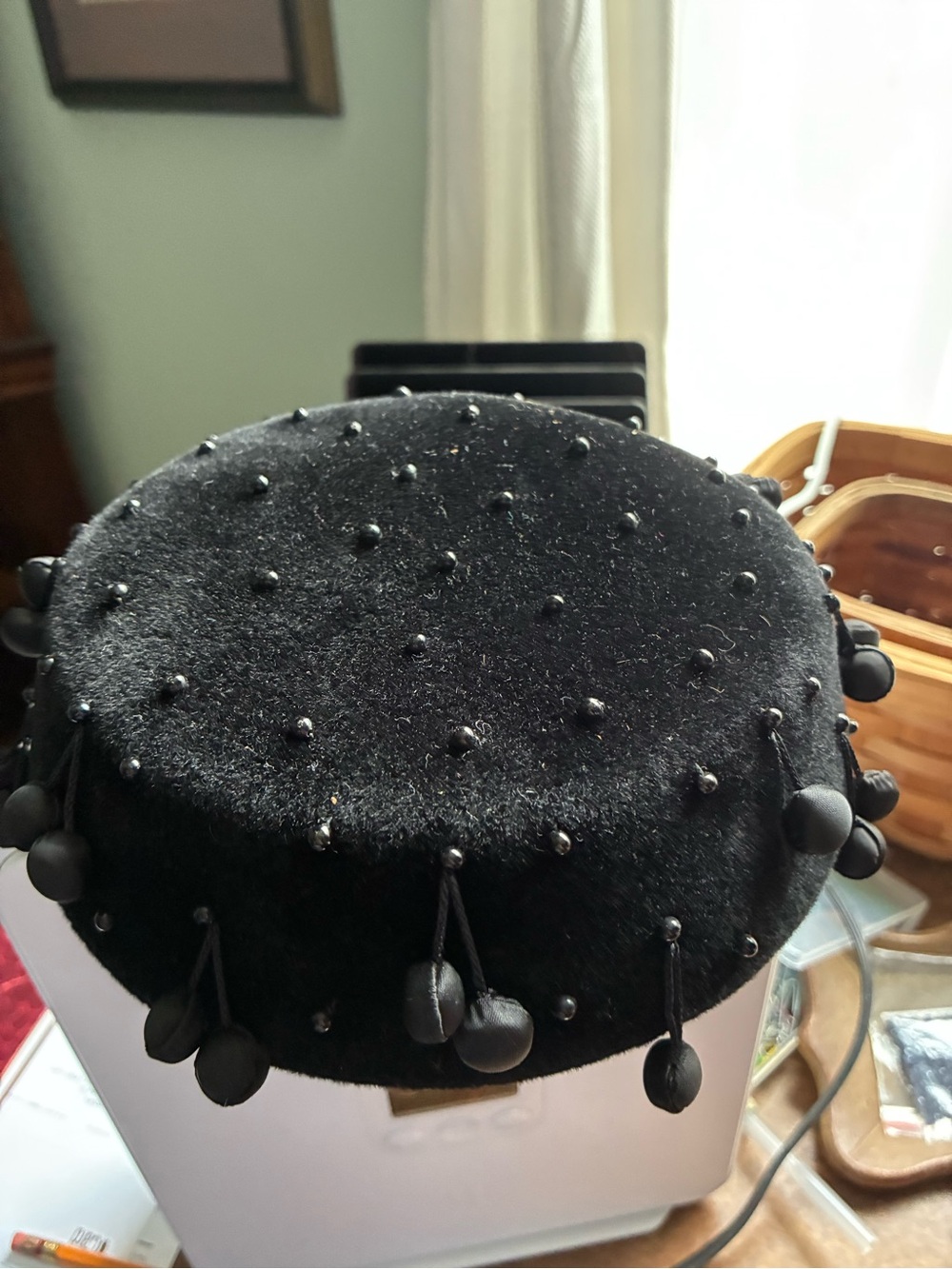 Elegant Black Beaded Velvet Pillbox Hat with Pom Trim